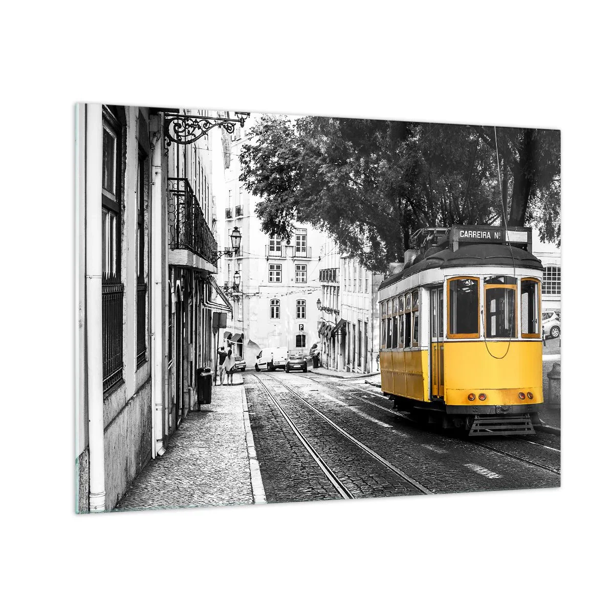 Glass picture - A yellow tram against the backdrop of a black-and-white street - 70x50cm - With Fado in the Background - Modern wall decoration for the living room and bedroom ARTTOR