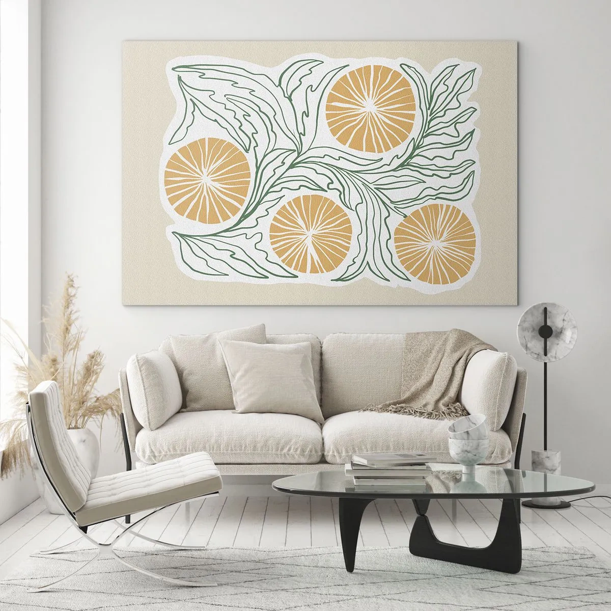 Glass picture - Orange fruits and green leaves in a graphic composition - 70x50cm - Ethnic with an Abstract Note - Modern wall decoration for the living room and bedroom ARTTOR