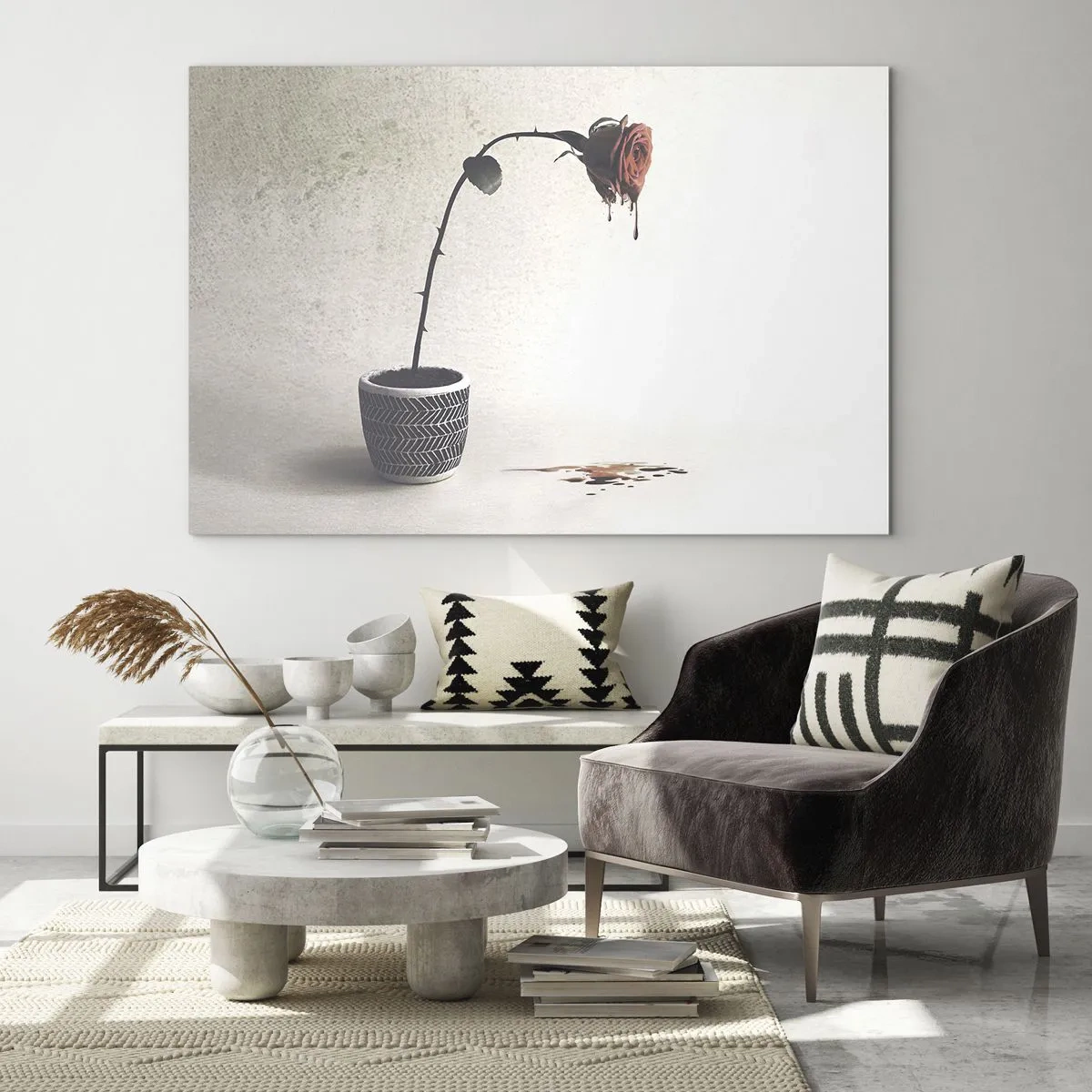 Glass picture - A symbolic rose in a pot with dripping paint - 70x50cm - Rosa Dolorosa - Modern wall decoration for the living room and bedroom ARTTOR