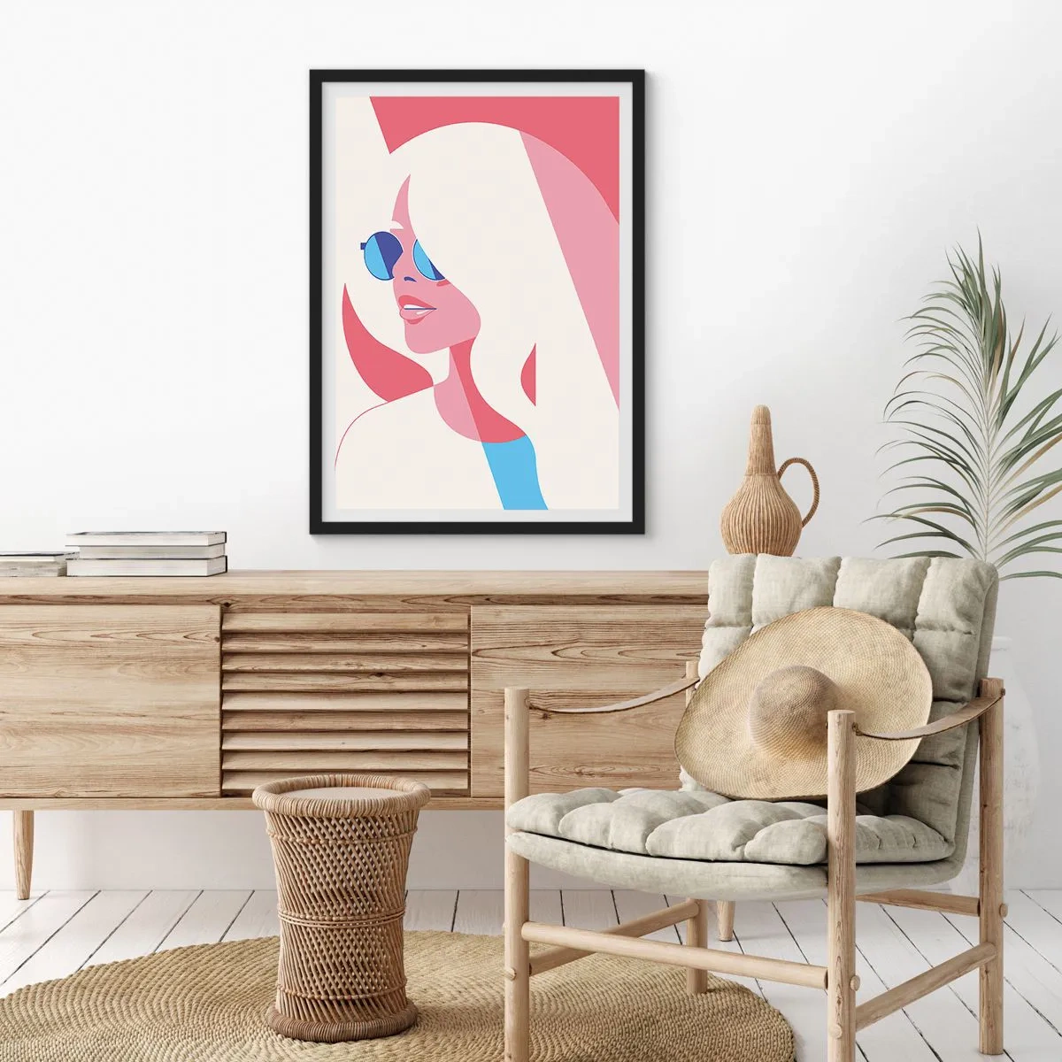 Poster in black frame - Stylized portrait of a woman wearing sunglasses - 50x70cm - She Was a Blonde Girl… - Modern wall decoration for the living room and bedroom ARTTOR