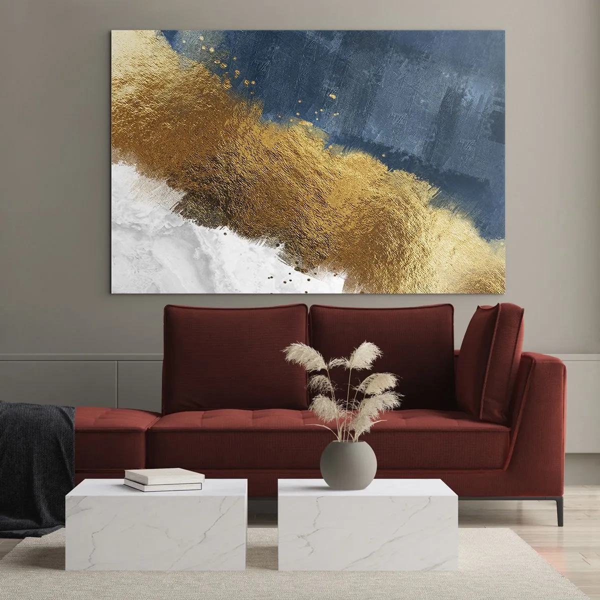 Glass picture - Gold paint strokes on a navy blue and white background - 70x50cm - Colours of Summer - Modern wall decoration for the living room and bedroom ARTTOR