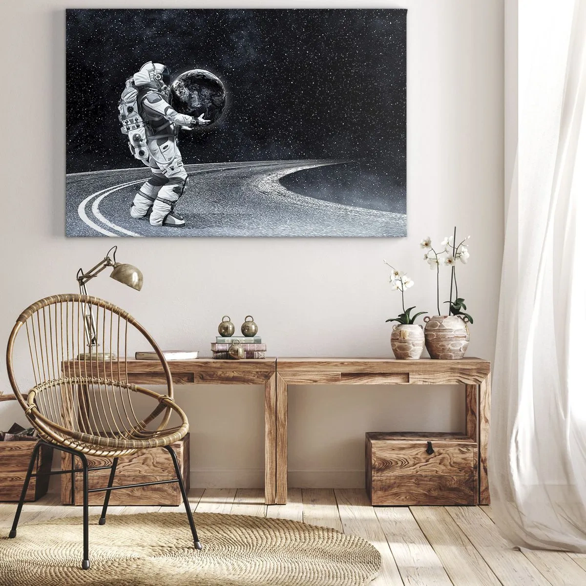 Canvas picture - Astronaut with Earth against the starry sky - 70x50cm - On the Milky Way - Modern wall decoration for the living room and bedroom ARTTOR