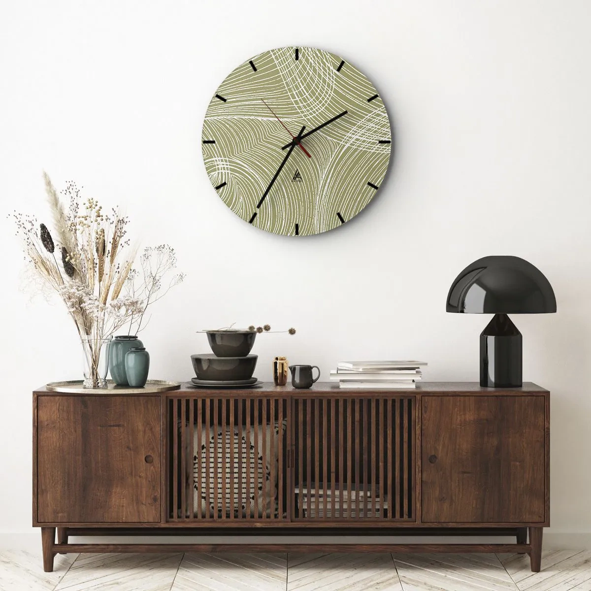 Wall clock - Clock on glass - A beige background with an intricate white pattern of lines and arcs. - 30x30cm - Intricate Abstract in White - Modern wall decoration for the living room, kitchen, and bedroom ARTTOR