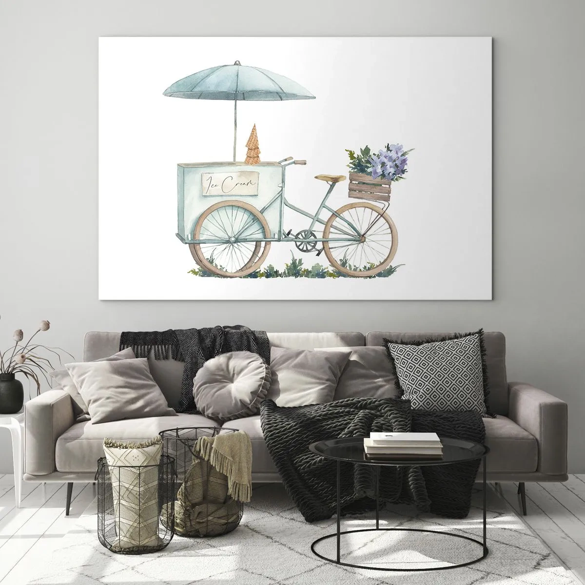 Glass picture - A bicycle with ice cream and pastel flowers - 70x50cm - Sweet Memory of the Summer - Modern wall decoration for the living room and bedroom ARTTOR
