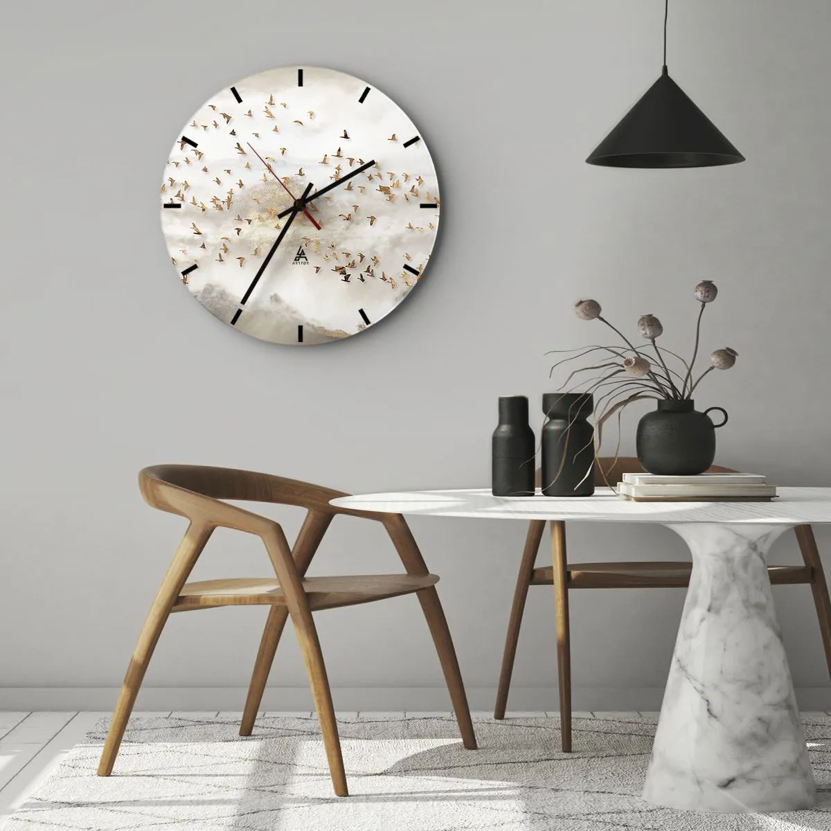Wall clock - Clock on glass - A flock of birds flying against the backdrop of mountains in a delicate fog - 30x30cm - It Is Time - Modern wall decoration for the living room, kitchen, and bedroom ARTTOR