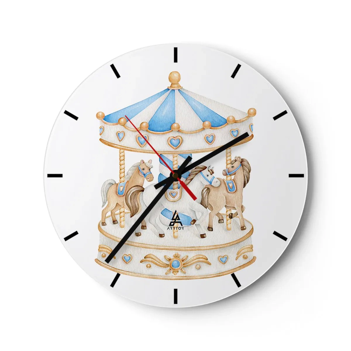 Wall clock - Clock on glass - A carousel with horses in pastel shades of blue and beige - 30x30cm - Sweet Childhood - Modern wall decoration for the living room, kitchen, and bedroom ARTTOR