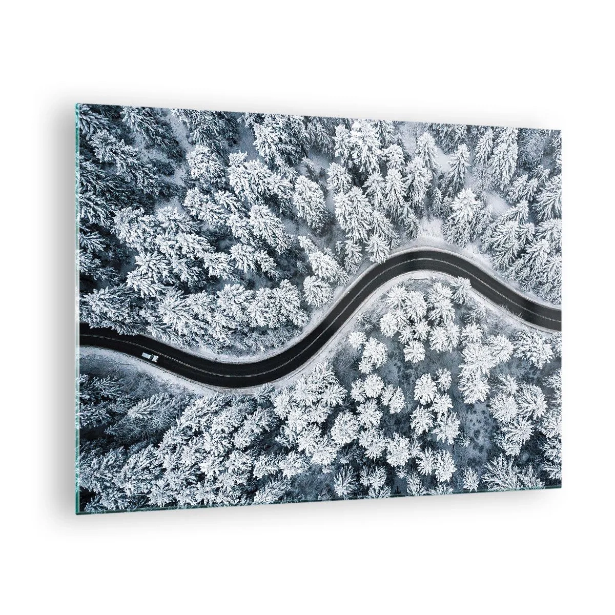 Glass picture - A winding road through a winter forest seen from a drone - 70x50cm - Through Wintery Forest - Modern wall decoration for the living room and bedroom ARTTOR