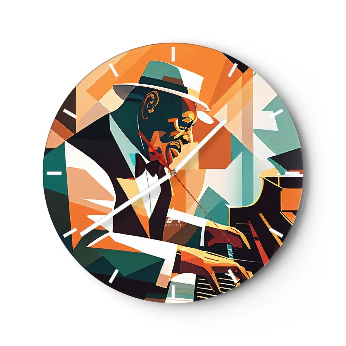 Wall clock - Clock on glass - Jazz musician at the piano in a geometric style - 30x30cm - All that Jazz - Modern wall decoration for the living room, kitchen, and bedroom ARTTOR