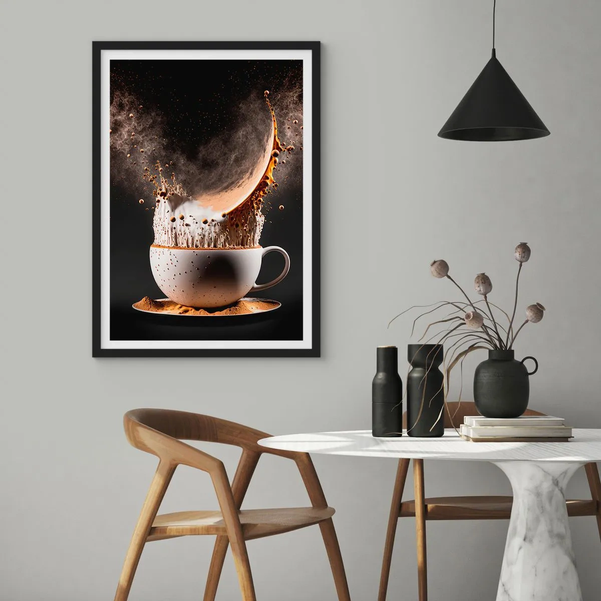 Poster in black frame - dynamic explosion of coffee in a cup - 50x70cm - Explosion of Flavour - Modern wall decoration for the living room and bedroom ARTTOR