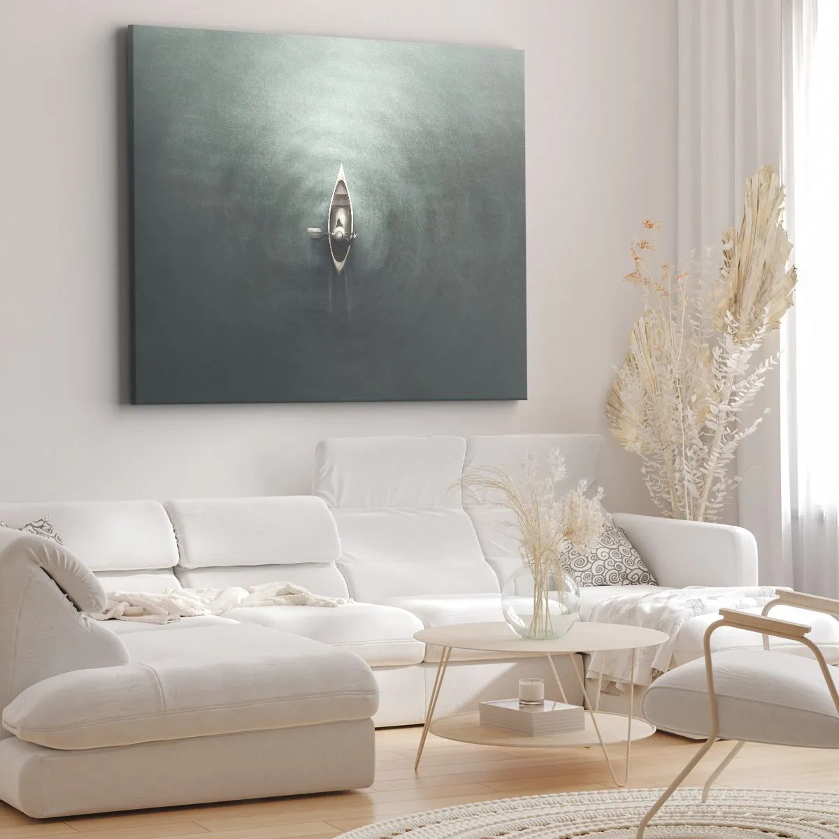 Canvas picture - A lonely boat on calm water in a minimalist setting - 70x50cm - Through Moon Lake - Modern wall decoration for the living room and bedroom ARTTOR