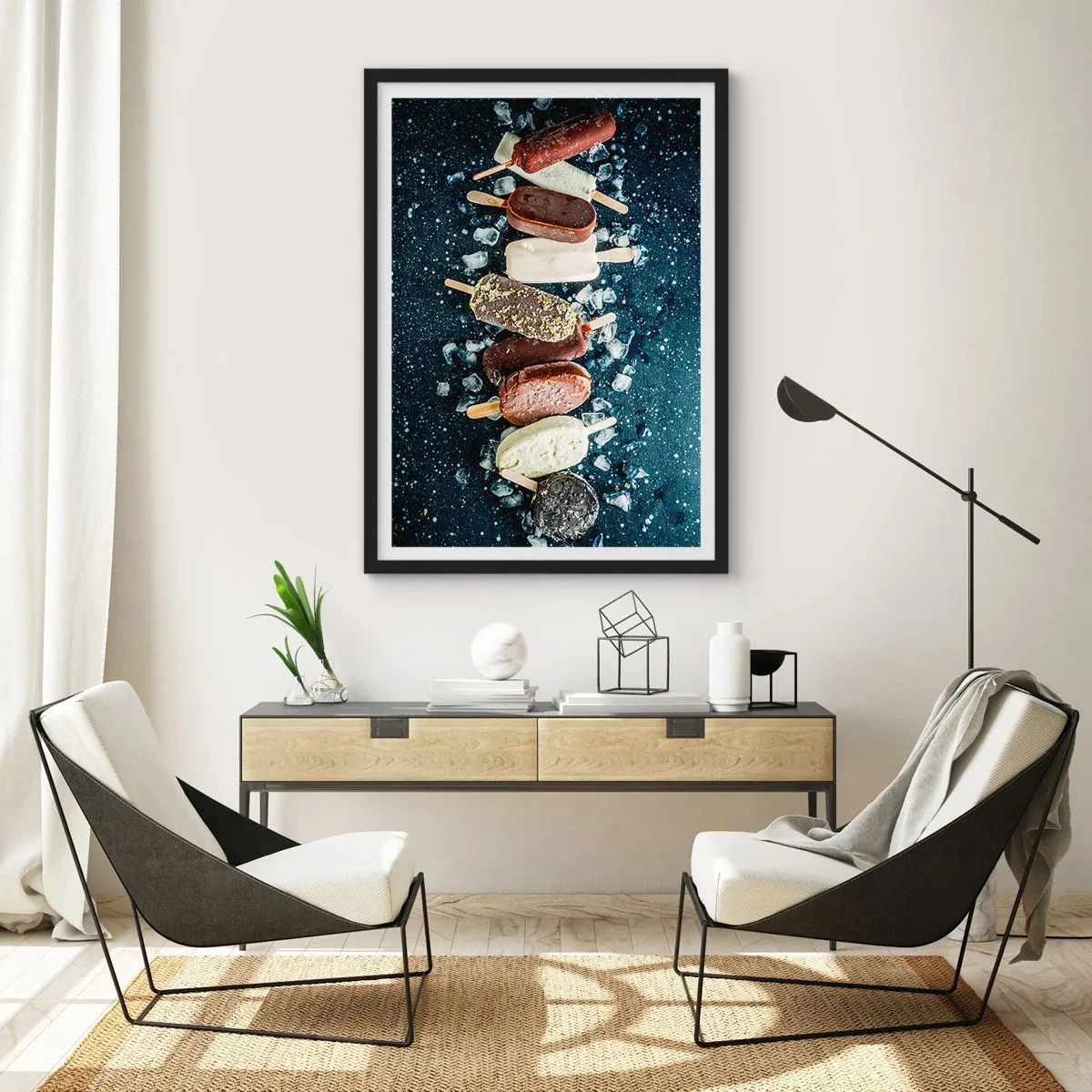 Poster in black frame - Assorted popsicles surrounded by ice against a dark sky - 50x70cm - Taste of the Hot Summer - Modern wall decoration for the living room and bedroom ARTTOR