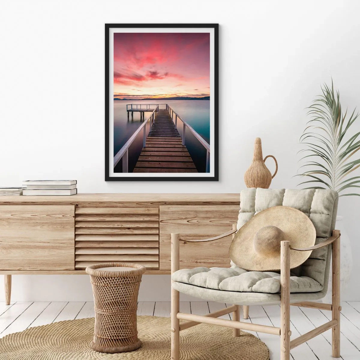 Poster in black frame - A pier on the lake in the light of the setting sun - 50x70cm - Mild Flame of an Evening - Modern wall decoration for the living room and bedroom ARTTOR