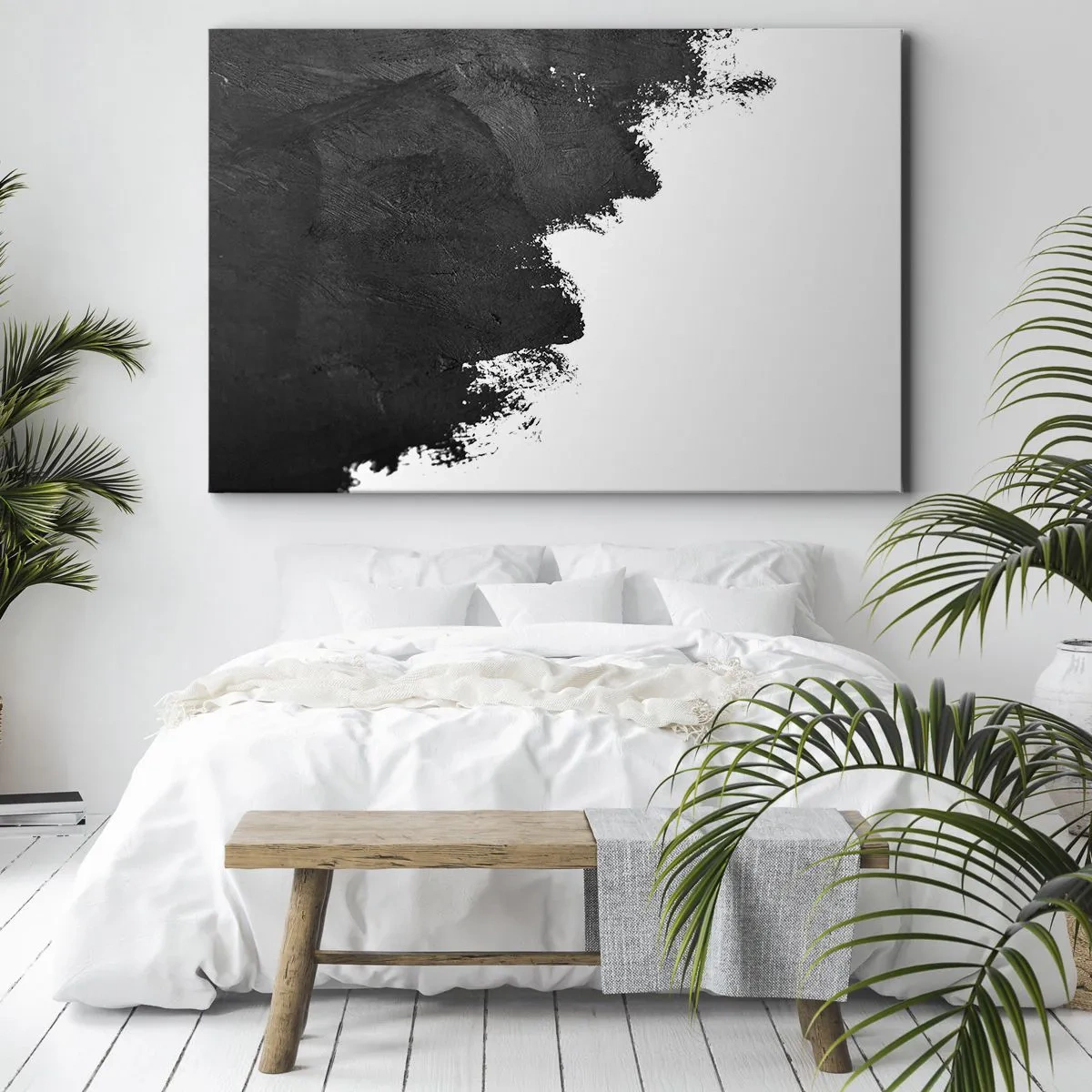 Canvas picture - Black and white abstraction with contrasting brushstrokes - 70x50cm - Elements: Earth - Modern wall decoration for the living room and bedroom ARTTOR