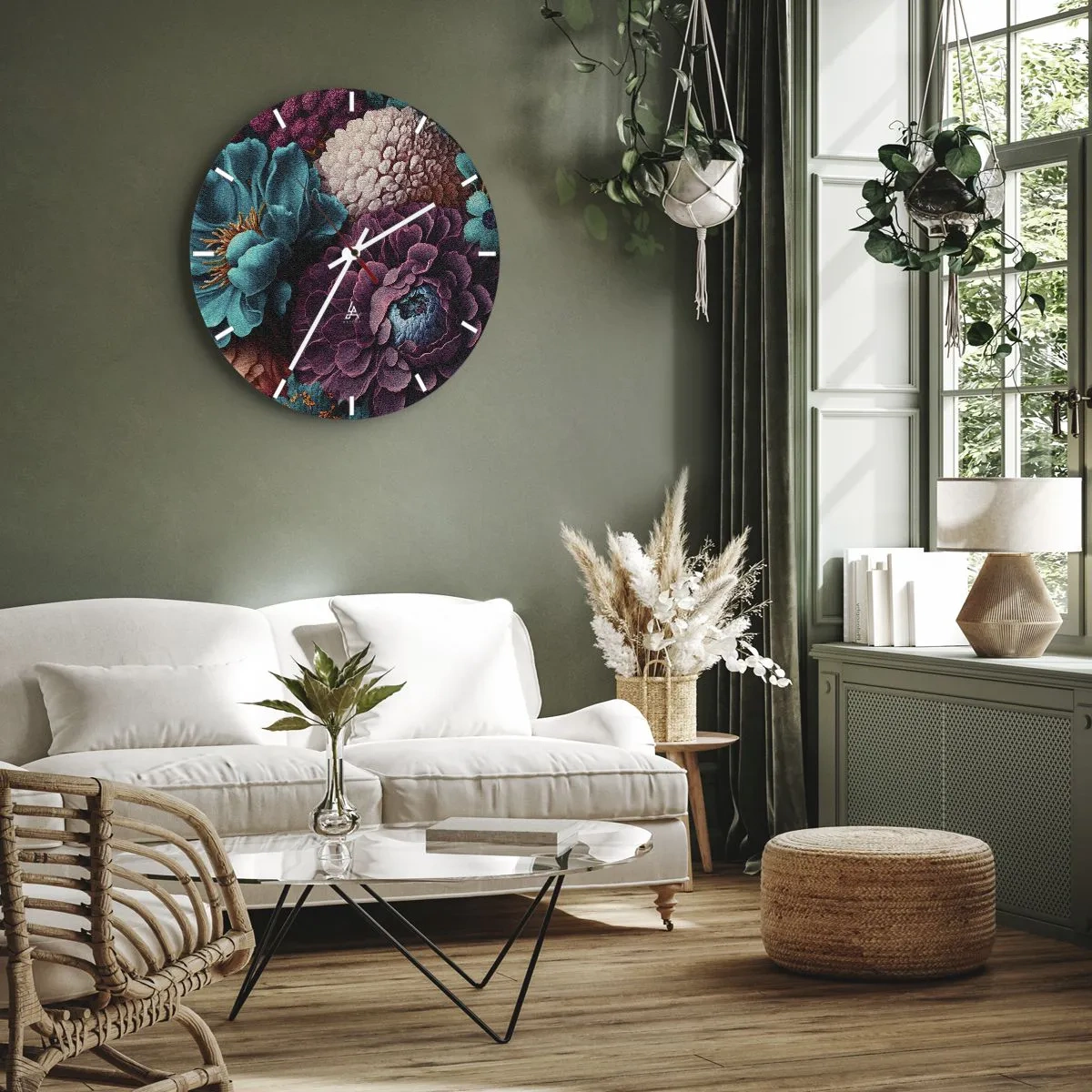 Wall clock - Clock on glass - A rich bouquet of dark and turquoise flowers with details - 30x30cm - Rich Nature - Modern wall decoration for the living room, kitchen, and bedroom ARTTOR
