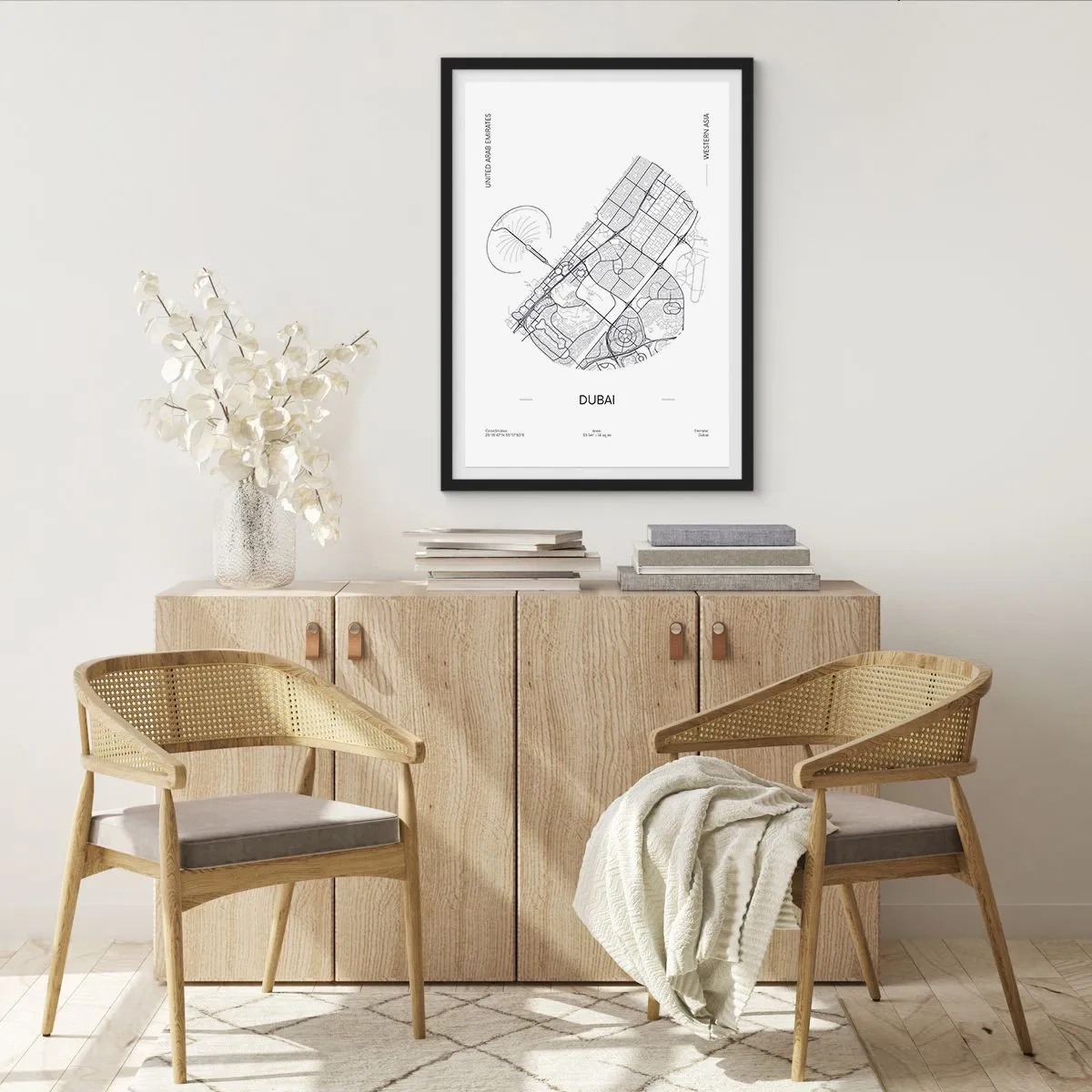 Poster in black frame - Minimalist black and white map of Dubai - 50x70cm - Anatomy of Dubai - Modern wall decoration for the living room and bedroom ARTTOR