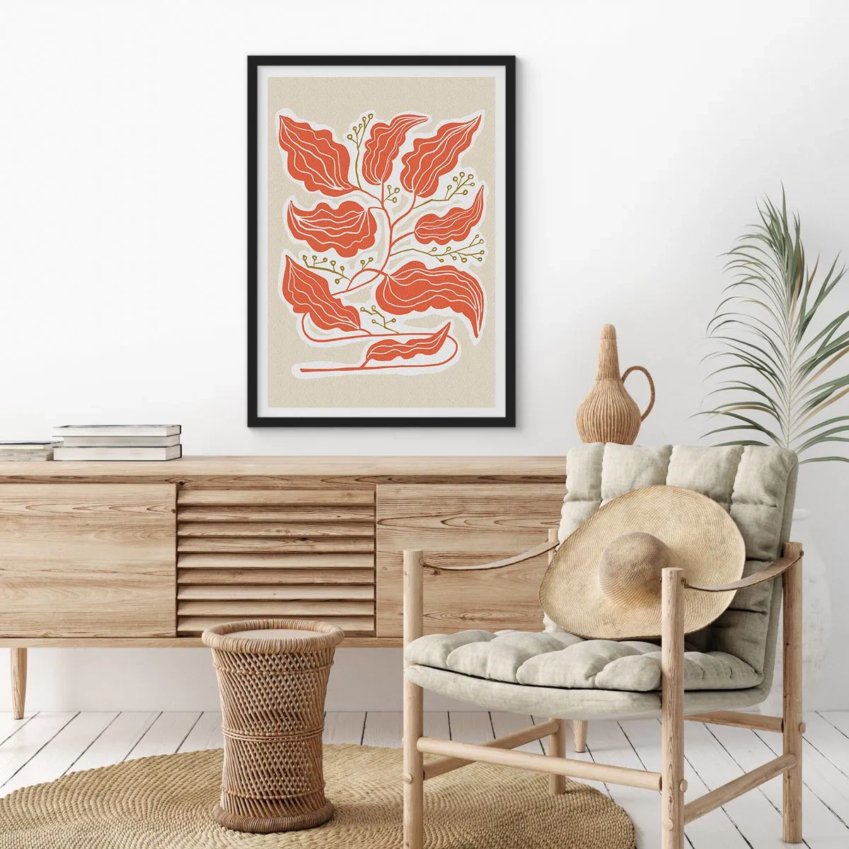 Poster in black frame - An abstract composition of leaves in shades of orange and beige. - 50x70cm - Folk and Coral - Modern wall decoration for the living room and bedroom ARTTOR