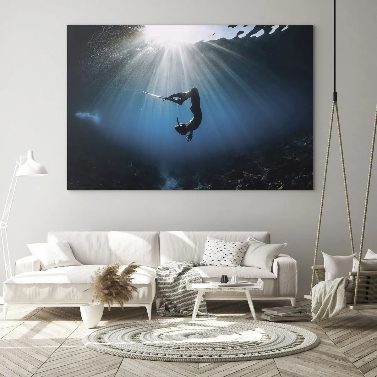 Glass picture - A diver moving underwater in the rays of light - 70x50cm - Underwater dance - Modern wall decoration for the living room and bedroom ARTTOR