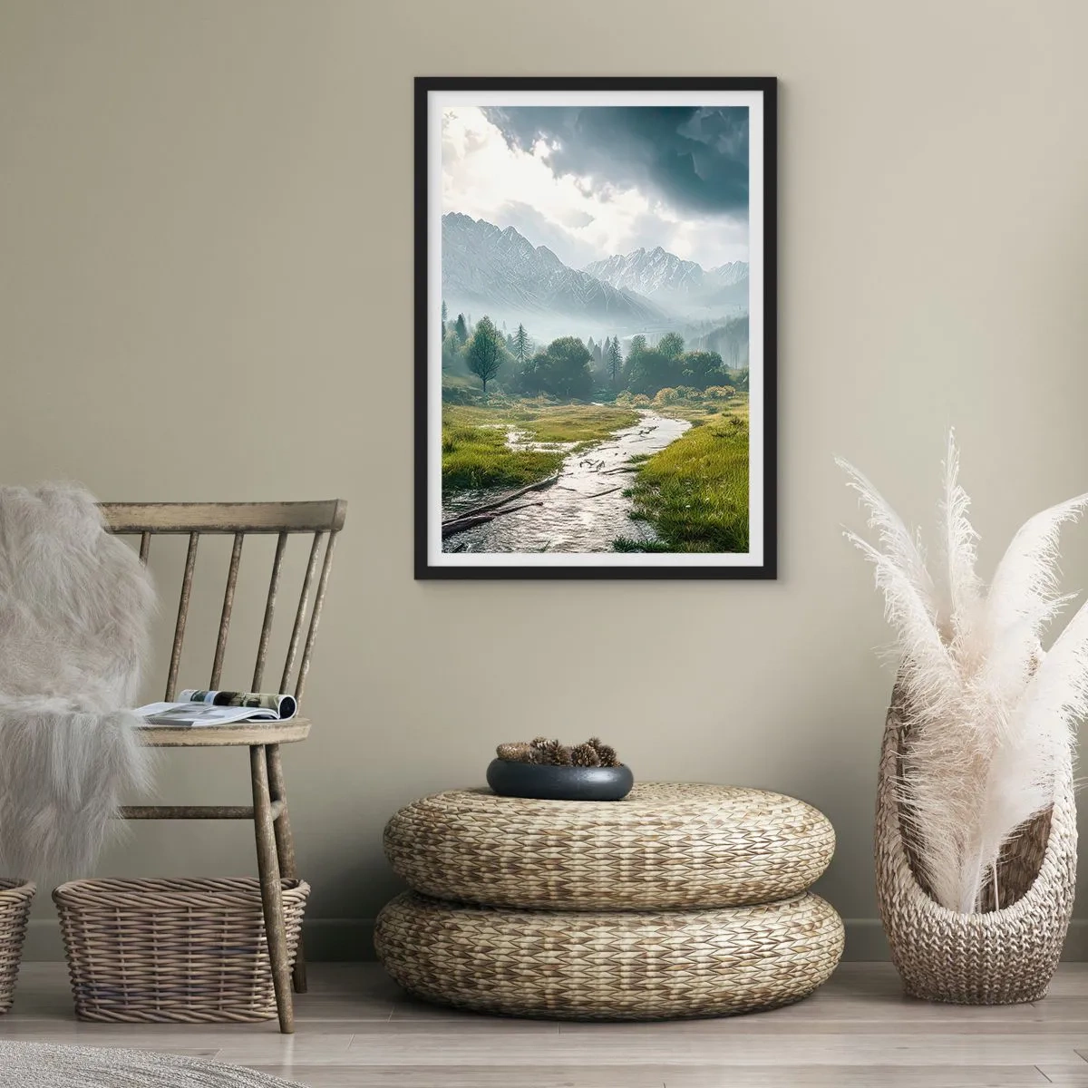 Poster in black frame - A mountain valley with a river and majestic mountains in the background - 50x70cm - There And Back - Modern wall decoration for the living room and bedroom ARTTOR
