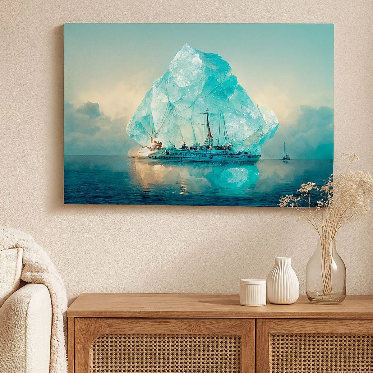 Canvas picture - A ship with a majestic iceberg in the background - 70x50cm - Arctic Diamond - Modern wall decoration for the living room and bedroom ARTTOR