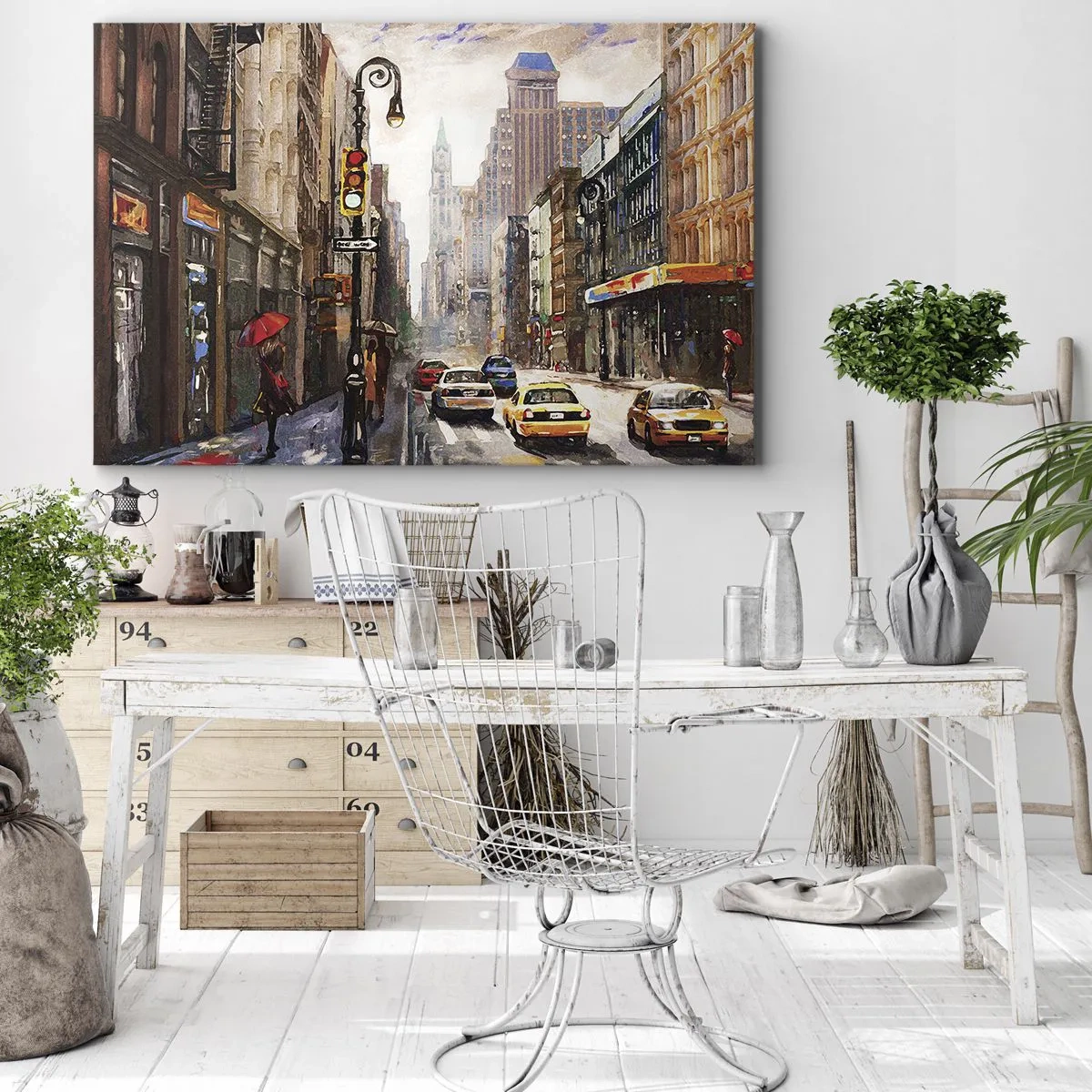 Canvas picture - Cityscape with a street and yellow taxis - 70x50cm - New York - Colourful in Rain - Modern wall decoration for the living room and bedroom ARTTOR