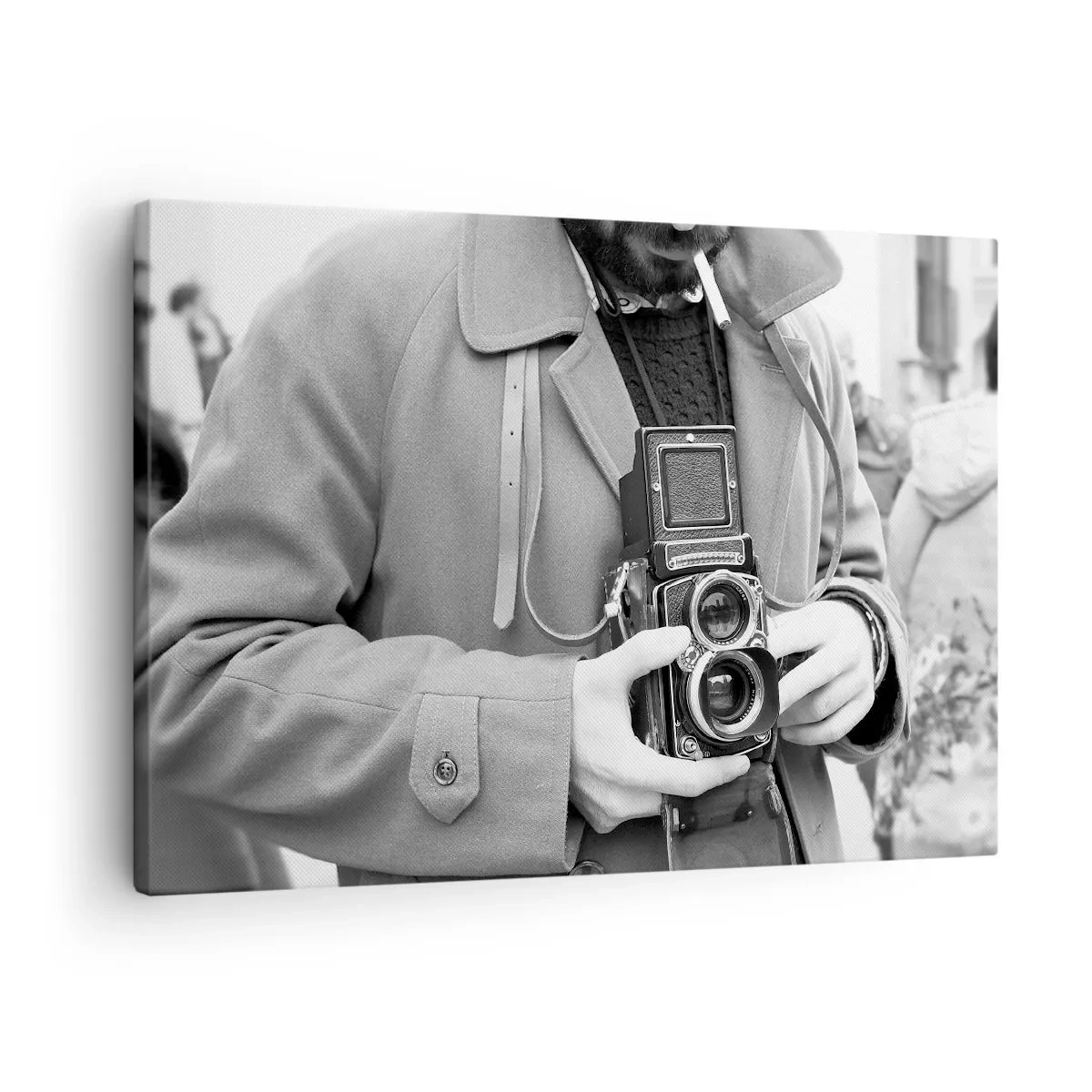 Canvas picture - Black and white photo of a man with a retro camera - 70x50cm - In Retro Style - Modern wall decoration for the living room and bedroom ARTTOR
