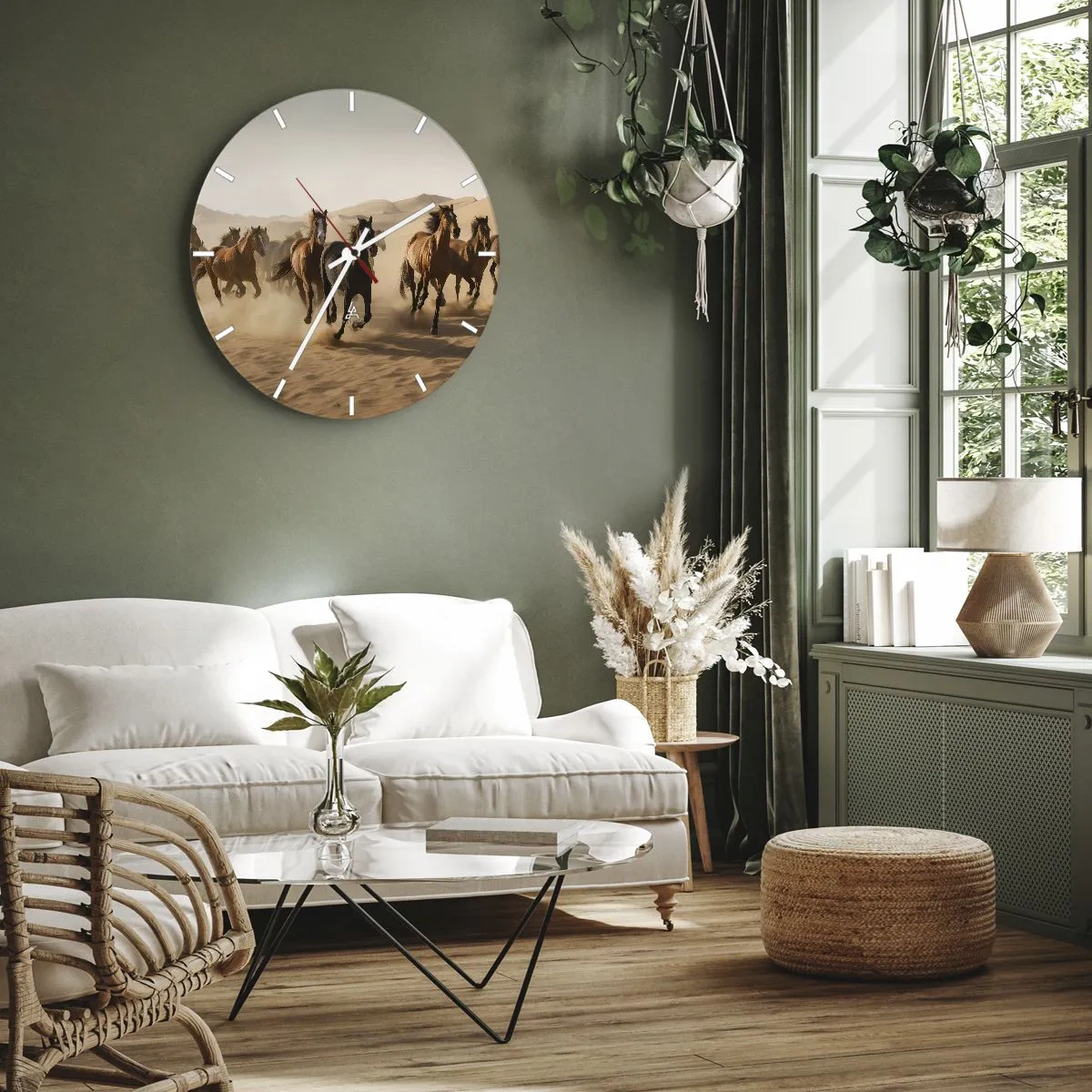 Wall clock - Clock on glass - Galloping horses against the backdrop of desert dunes - 30x30cm - Free as a Wind - Modern wall decoration for the living room, kitchen, and bedroom ARTTOR