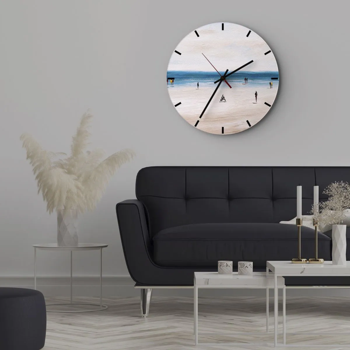 Wall clock - Clock on glass - Figures walking on the beach overlooking the calm sea - 30x30cm - Natural Need - Modern wall decoration for the living room, kitchen, and bedroom ARTTOR