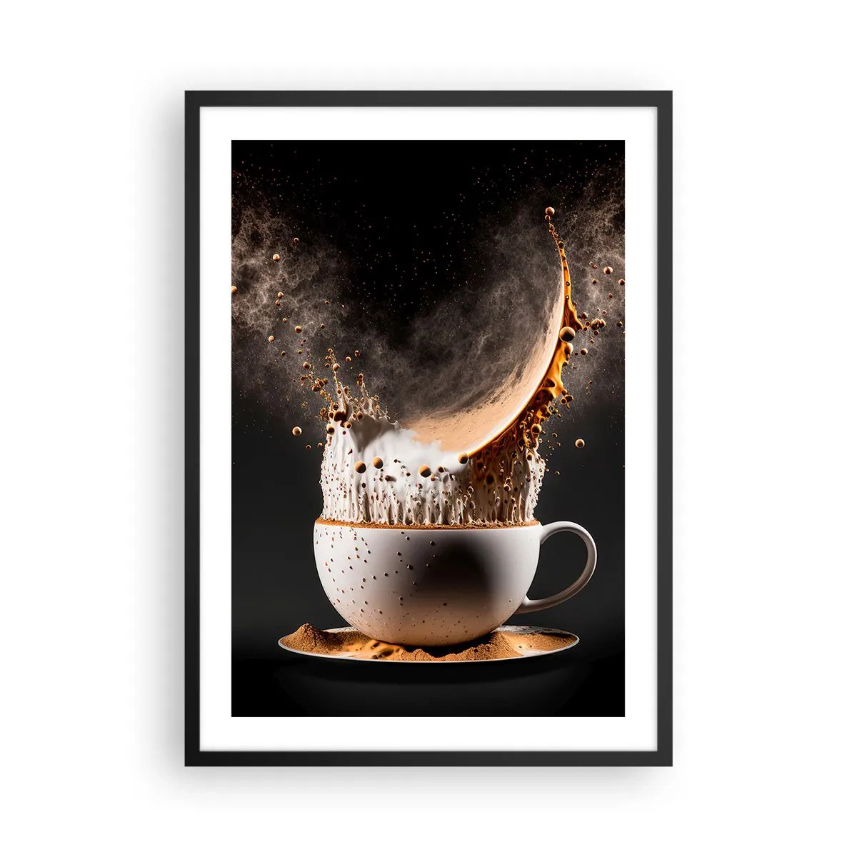 Poster in black frame - dynamic explosion of coffee in a cup - 50x70cm - Explosion of Flavour - Modern wall decoration for the living room and bedroom ARTTOR
