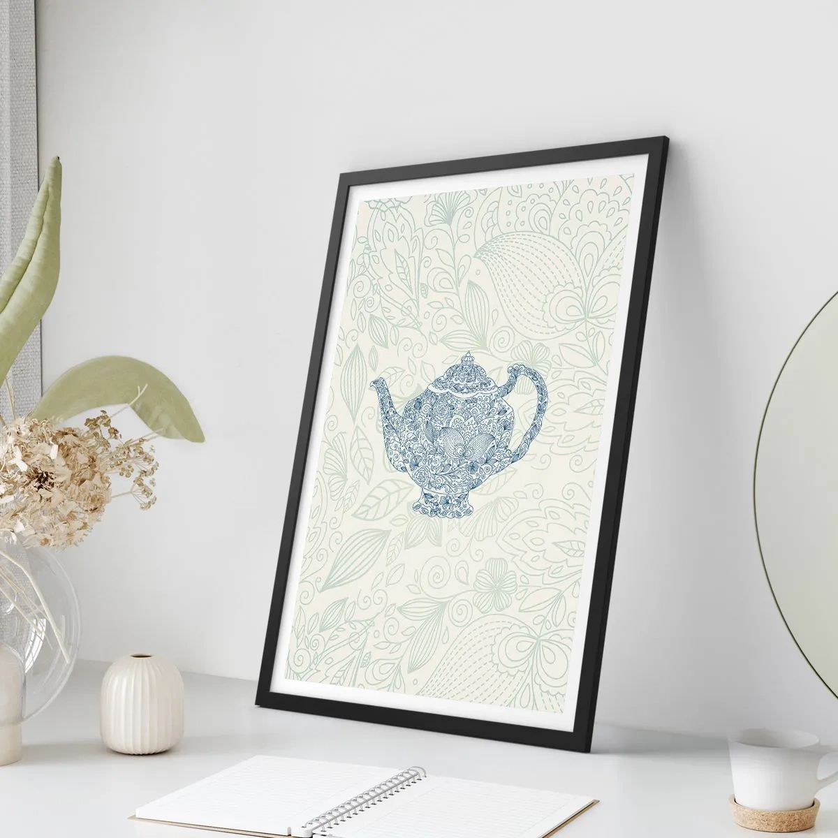 Poster in black frame - A decorative illustration of a teapot with a subtle pattern on a light background. - 50x70cm - Charm of Tea - Modern wall decoration for the living room and bedroom ARTTOR