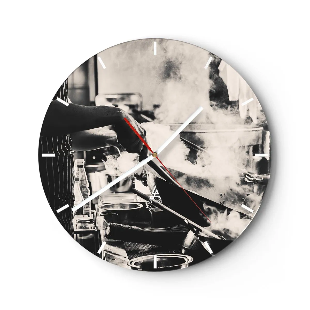 Wall clock - Clock on glass - A chef at work in the kitchen surrounded by steam - 30x30cm - Alchemy of Flavours - Modern wall decoration for the living room, kitchen, and bedroom ARTTOR