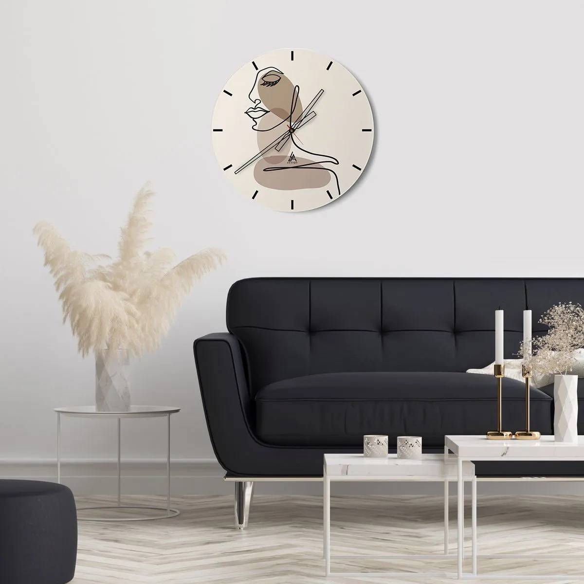 Wall clock - Clock on glass - A minimalist portrait of a woman in line art style and beige spots. - 30x30cm - Certain Line of Beauty - Modern wall decoration for the living room, kitchen, and bedroom ARTTOR