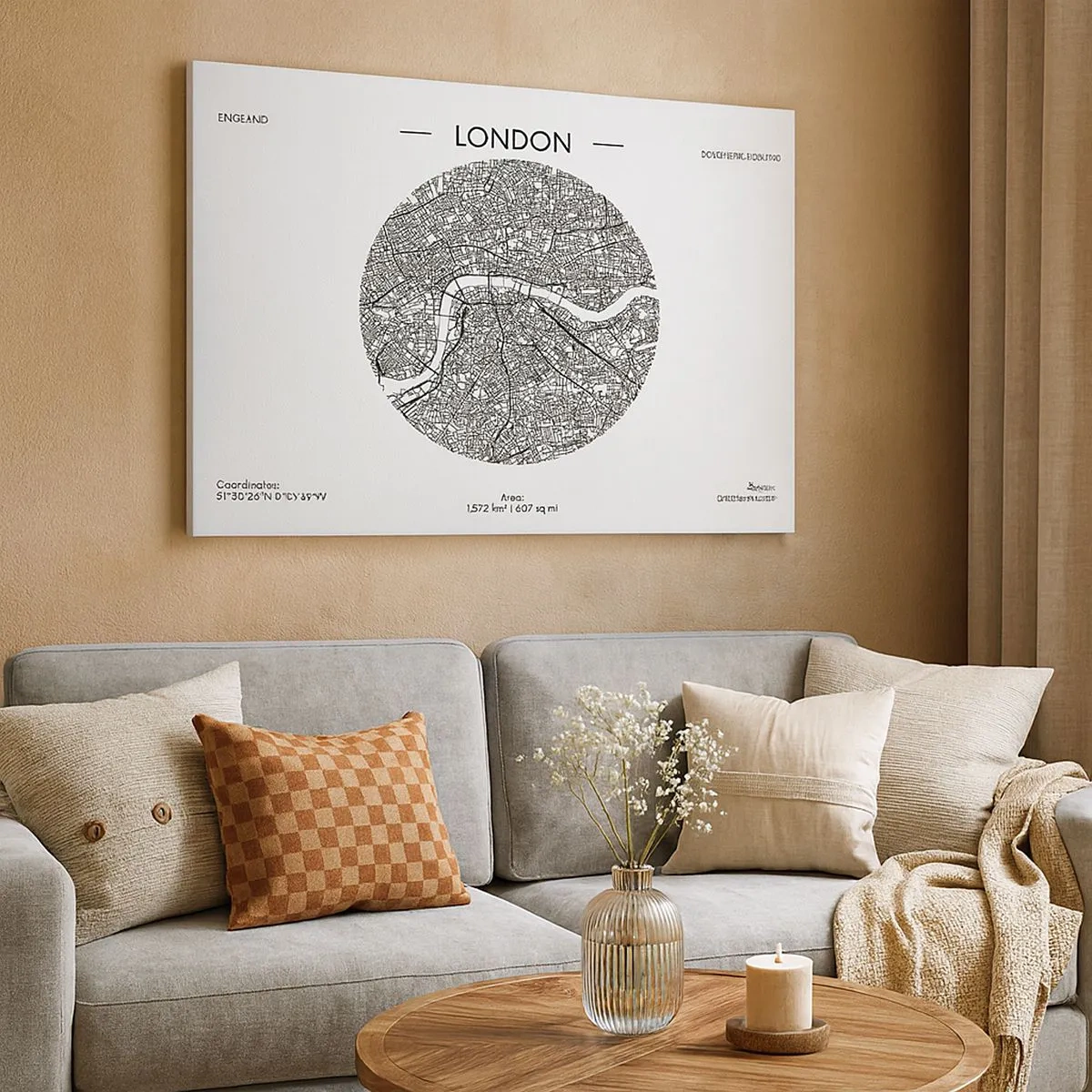 Canvas picture - A minimalist map of London in black and white with precise details. - 70x50cm - Anatomy of London - Modern wall decoration for the living room and bedroom ARTTOR