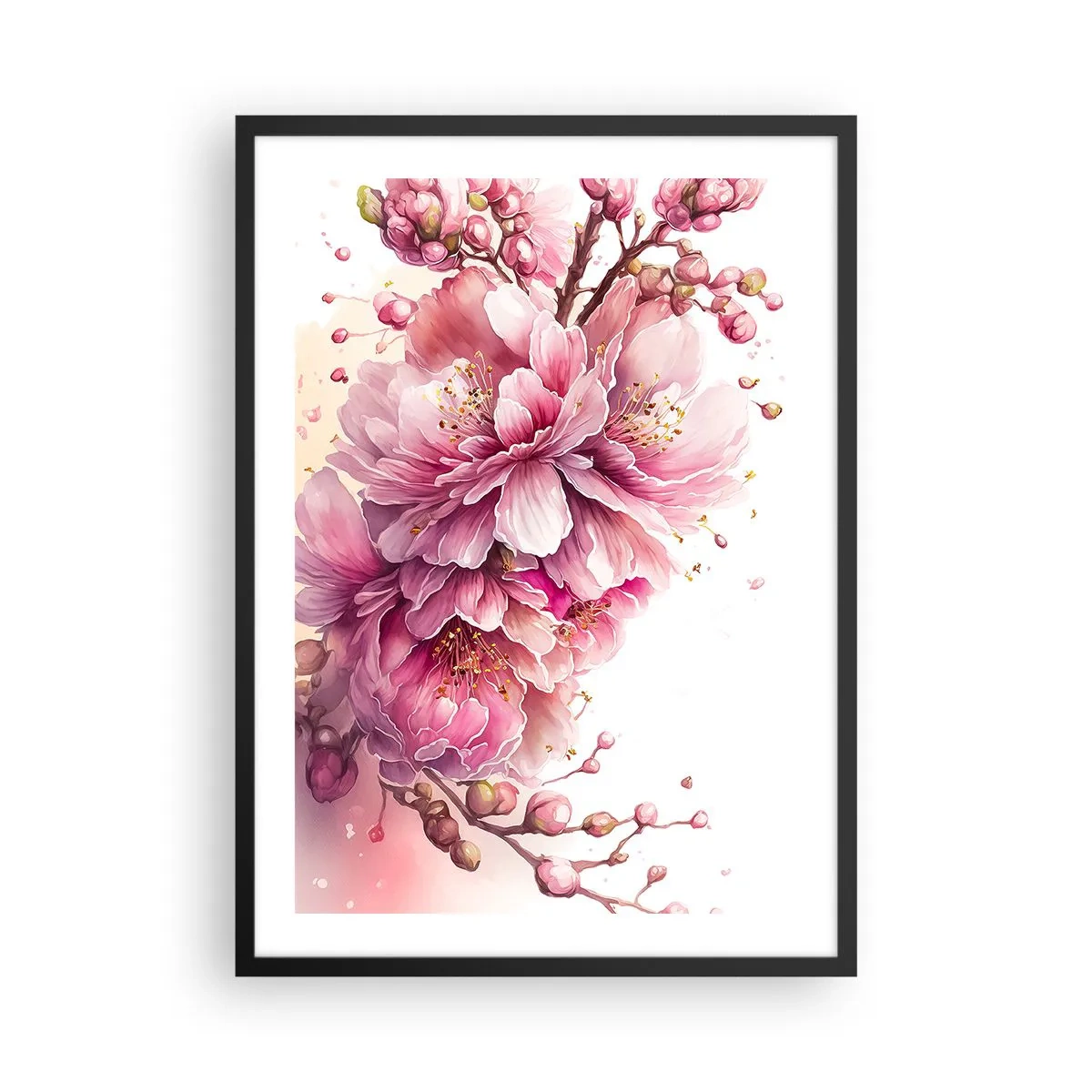 Poster in black frame - Delicate pink cherry blossoms in full bloom against a light background - 50x70cm - Land of Cherry Blossoms - Modern wall decoration for the living room and bedroom ARTTOR