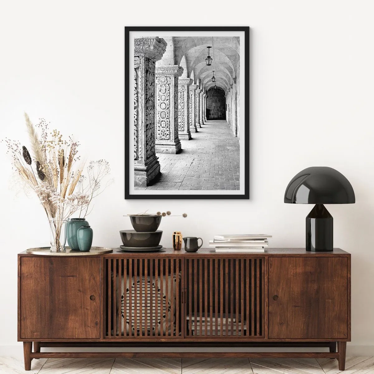 Poster in black frame - A black and white photograph of a historic cloister with columns - 50x70cm - Where is this Going...? - Modern wall decoration for the living room and bedroom ARTTOR