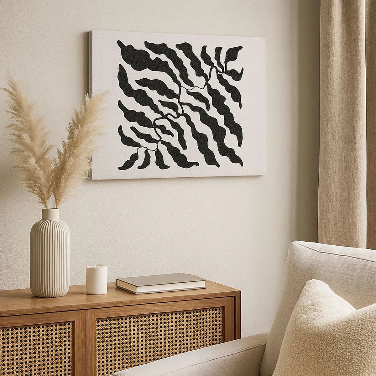 Canvas picture - Twigs with leaves in black on a light background - 70x50cm - Nature of a Square - Modern wall decoration for the living room and bedroom ARTTOR