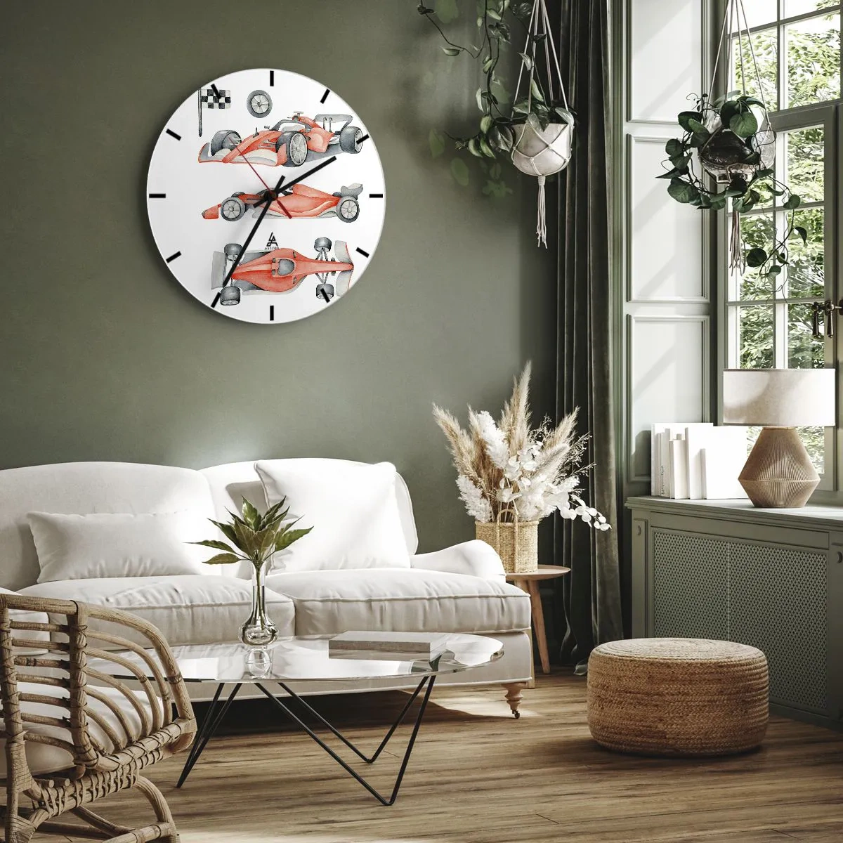 Wall clock - Clock on glass - Red racing cars and a checkered flag on a white background - 30x30cm - Race for the Dreams - Modern wall decoration for the living room, kitchen, and bedroom ARTTOR