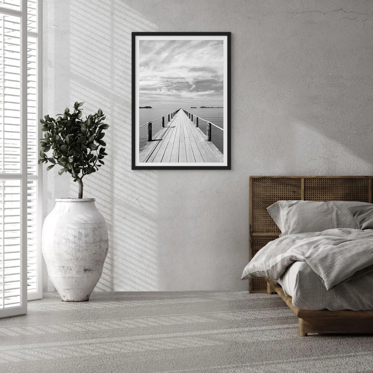 Poster in black frame - A wooden pier leading into the distance across calm water - 50x70cm - Maybe a Trip… - Modern wall decoration for the living room and bedroom ARTTOR