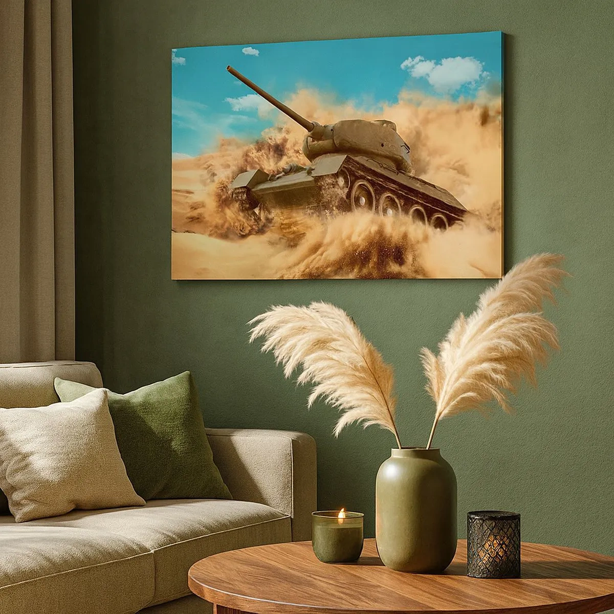 Canvas picture - A tank in action in the desert, surrounded by sand dust. - 70x50cm - Invinicible - Modern wall decoration for the living room and bedroom ARTTOR