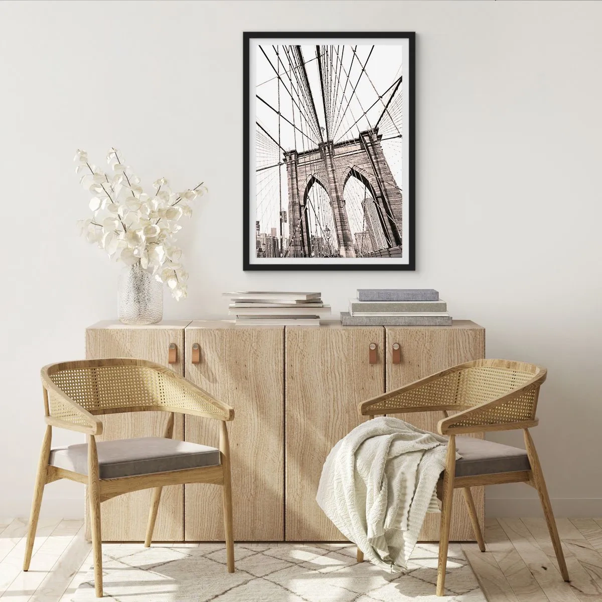 Poster in black frame - Black and white photograph of the bridge from the perspective of the pedestrian footbridge. - 50x70cm - New York Cathedral - Modern wall decoration for the living room and bedroom ARTTOR