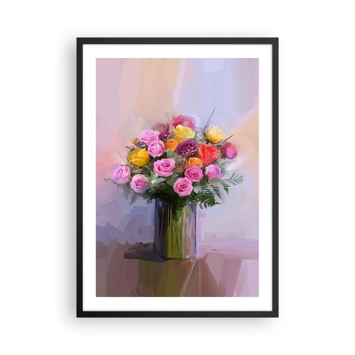 Poster in black frame - A bouquet of roses and flowers in a glass vase - 50x70cm - Retained Beauty - Modern wall decoration for the living room and bedroom ARTTOR