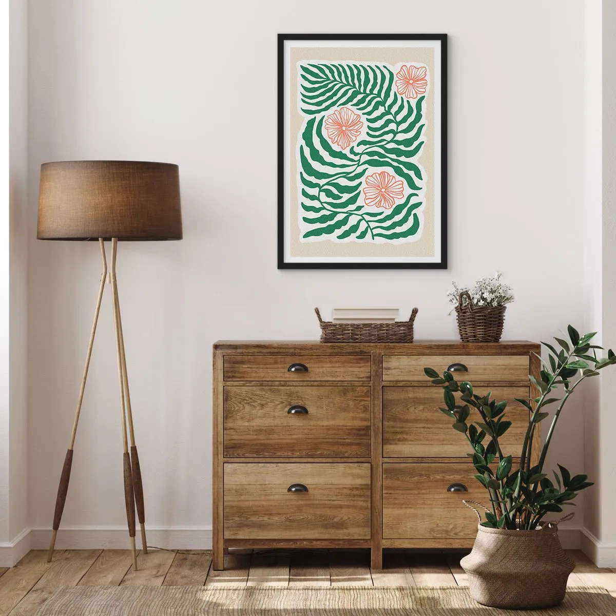 Poster in black frame - Abstract graphic of leaves and flowers on a beige background - 50x70cm - Blossoming in Green - Modern wall decoration for the living room and bedroom ARTTOR