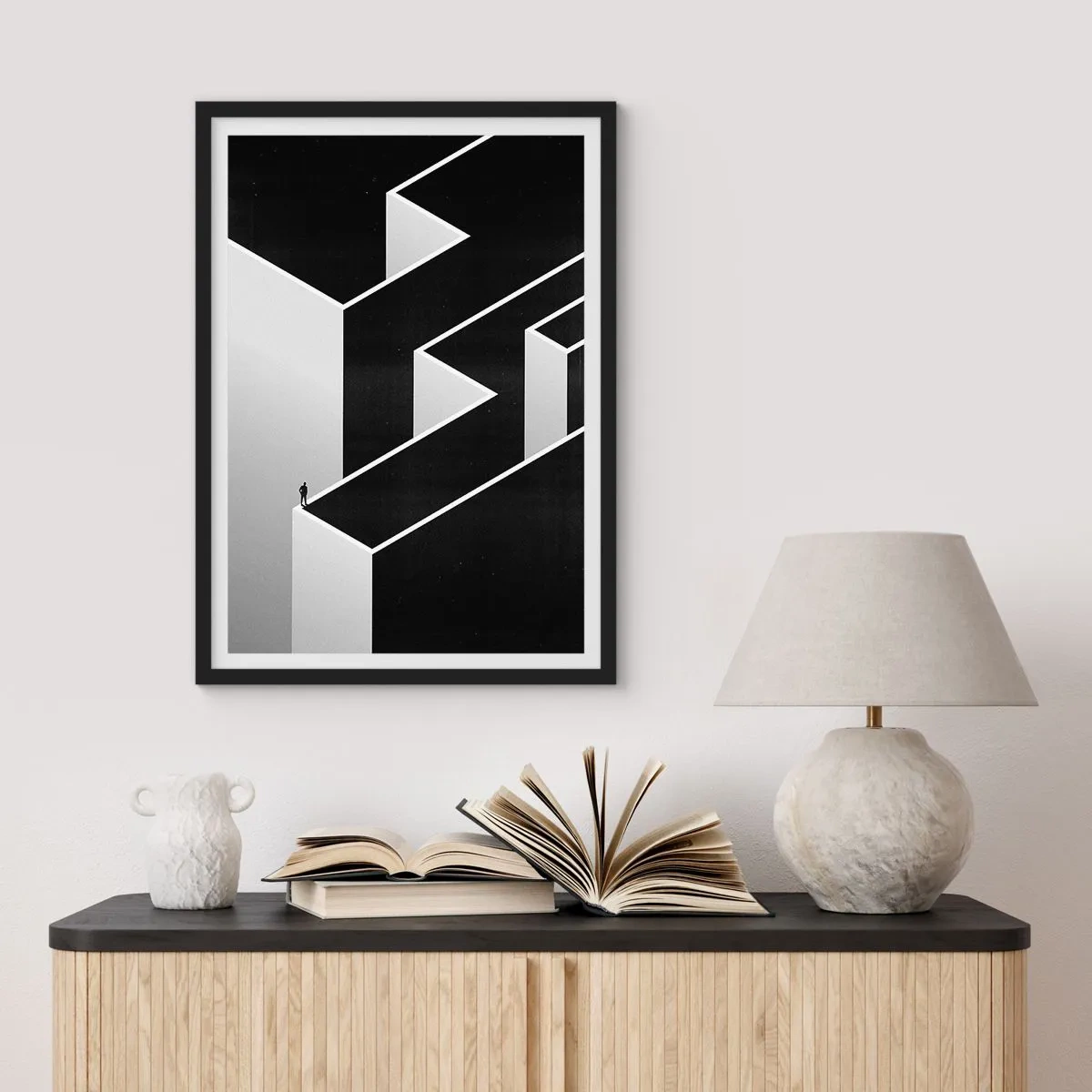 Poster in black frame - A minimalist maze in black and white - 50x70cm - Solitude at the Top - Modern wall decoration for the living room and bedroom ARTTOR