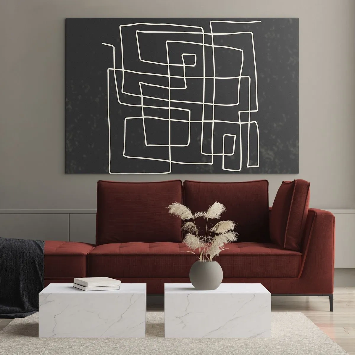 Glass picture - Geometric abstraction with white lines on a black background - 70x50cm - Not Too Straight - Modern wall decoration for the living room and bedroom ARTTOR