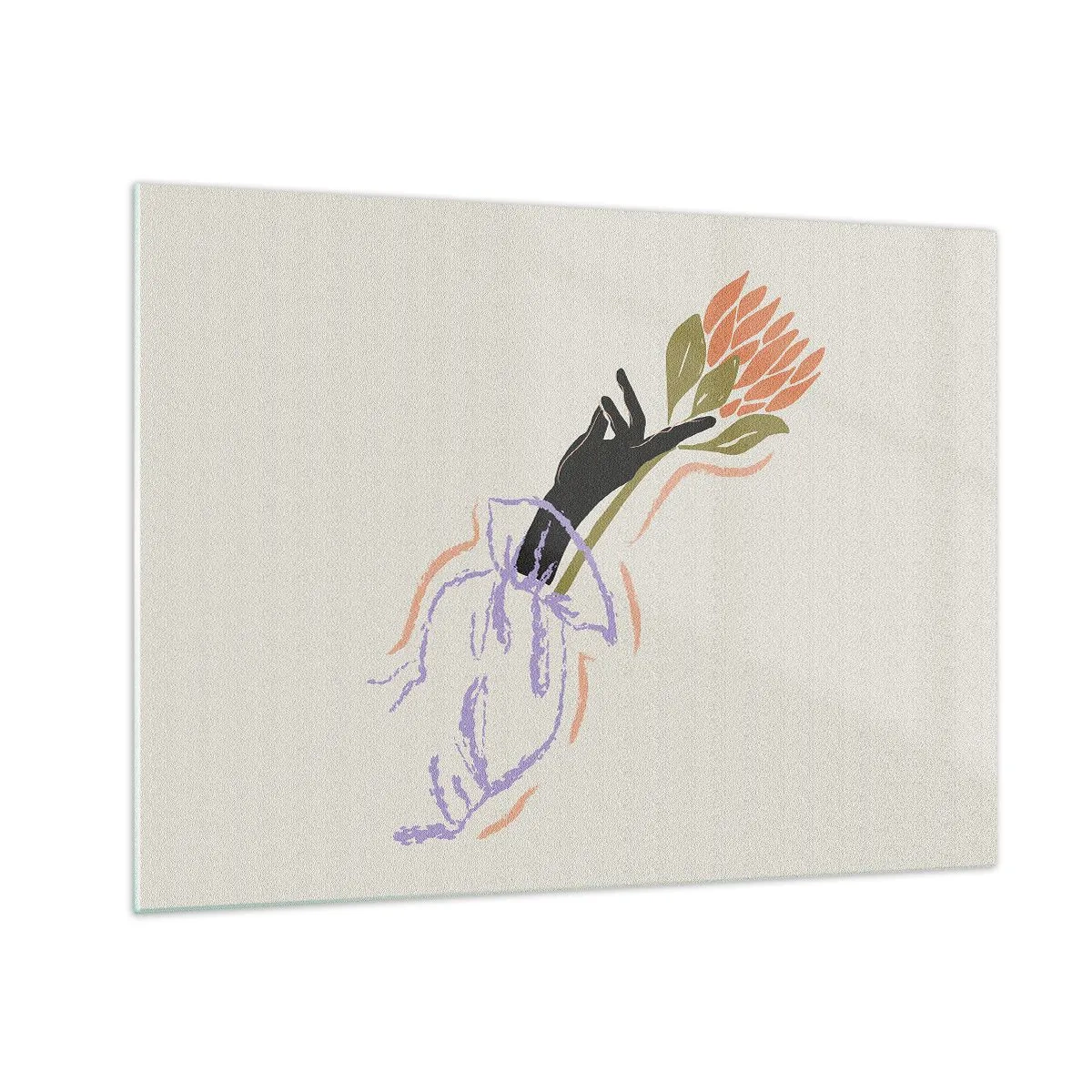 Glass picture - A stylized hand with a bouquet of flowers drawn with pastel lines. - 70x50cm - Sister Touch - Modern wall decoration for the living room and bedroom ARTTOR
