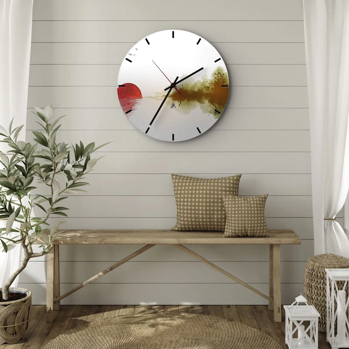 Wall clock - Clock on glass - A minimalist landscape with a red sun and reflection - 30x30cm - Promise of Peace - Modern wall decoration for the living room, kitchen, and bedroom ARTTOR