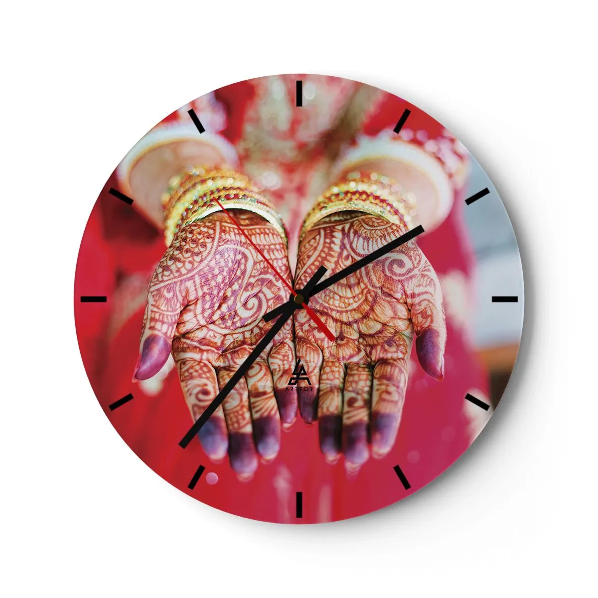 Wall clock - Clock on glass - Hands decorated with henna in traditional attire against a red background - 30x30cm - Readt to Catch Happiness - Modern wall decoration for the living room, kitchen, and bedroom ARTTOR