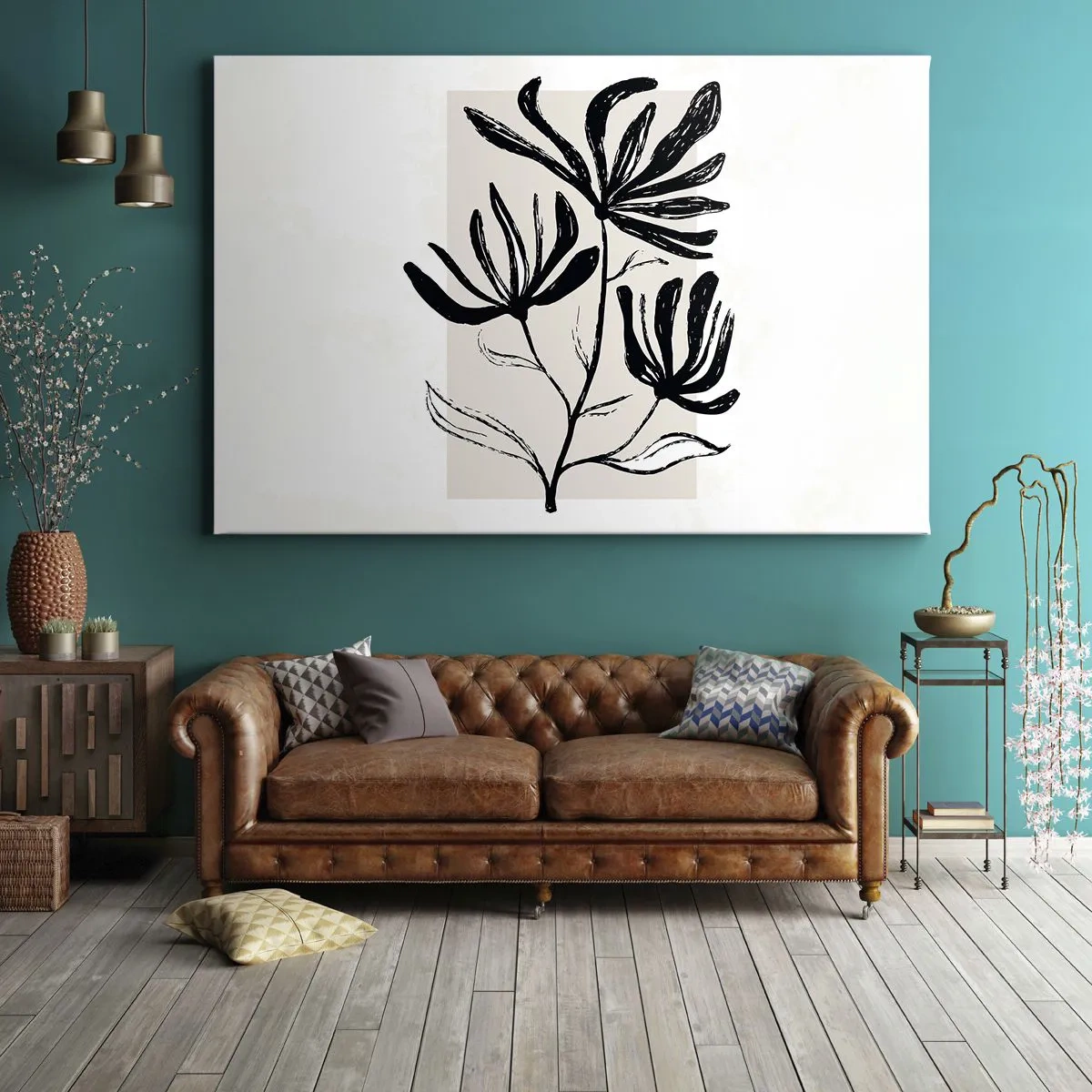 Canvas picture - Minimalist black and white floral motif - 70x50cm - Sketch for a Herbarium - Modern wall decoration for the living room and bedroom ARTTOR