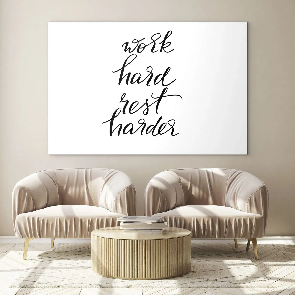 Glass picture - Typographic inscription 'work hard rest harder' in an elegant font - 70x50cm - Life Balance - Modern wall decoration for the living room and bedroom ARTTOR