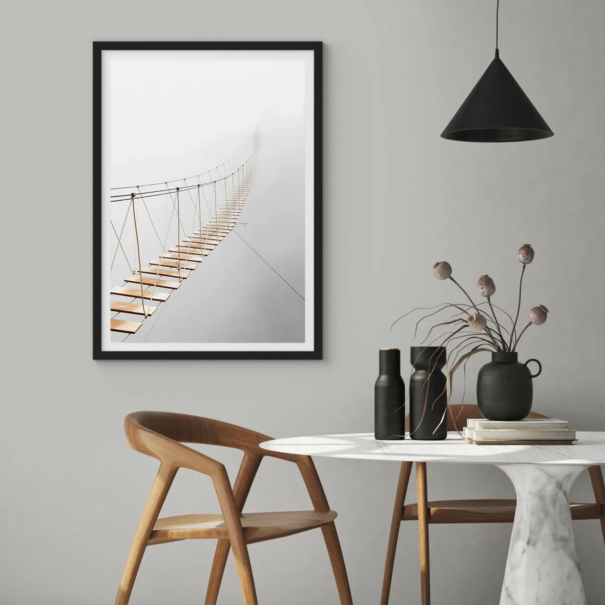 Poster in black frame - A suspension bridge drowning in fog - 50x70cm - Where Did He Take You? - Modern wall decoration for the living room and bedroom ARTTOR