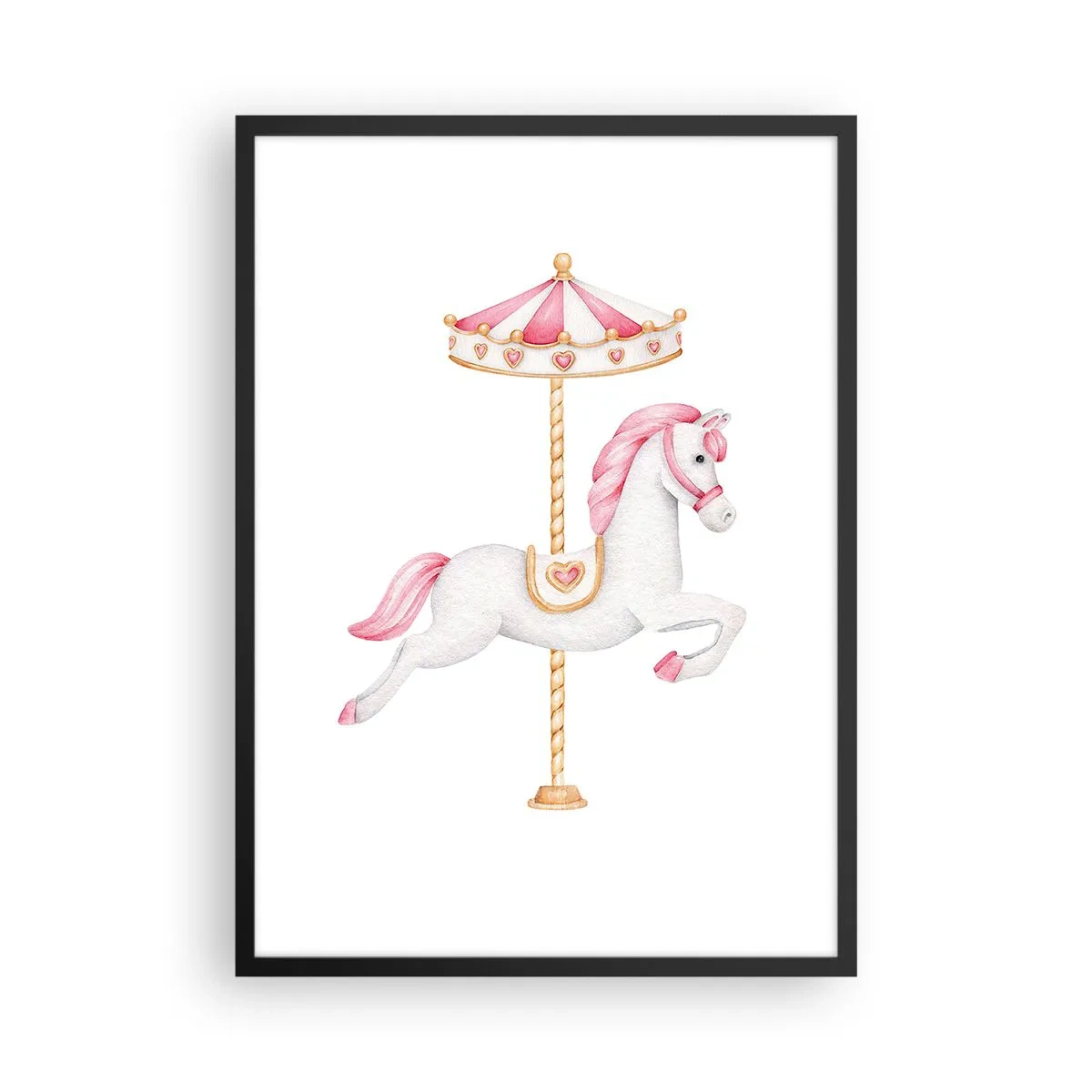 Poster in black frame - A charming white horse on a carousel in pastel colors - 50x70cm - Off the Hoofs - Modern wall decoration for the living room and bedroom ARTTOR